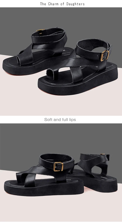 AIYUQI Sandals Women Genuine Leather 2026 Summer New Clip Toe Sandals Ladies Roman Women Shoes Muffin Sandals WHS MTO