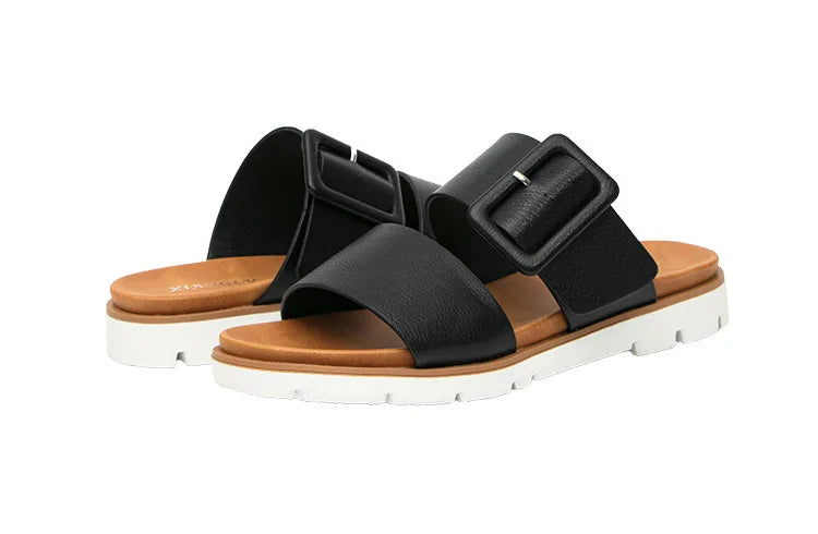 Adjustable Square Buckle Women Slide Sandals Two Strap Platform Slippers Low Heel Soft Sole Summer Open Toe Walking Casual Shoes