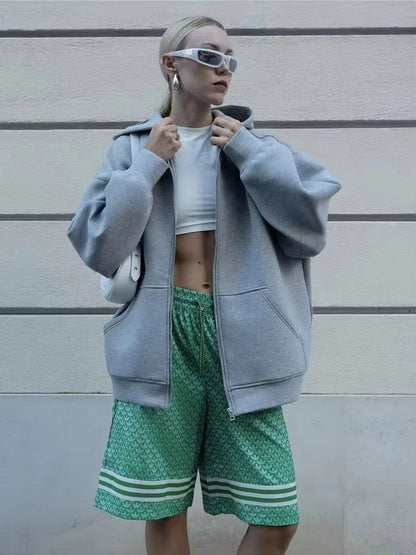 HH Autumn Women Casual Hooded Jacket Loose Oversize Zipper Hoodie Sweatshirts Solid Coat Office Lady Chic Outwear Tops