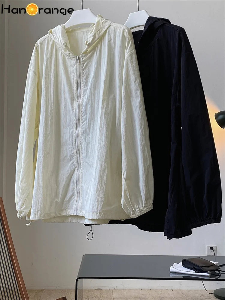 HanOrange 2026 Summer Light Transparent Hooded Zipper Sunscreen Jacket Women Loose Silhouette Thin Long Sleeve Jacket Female'