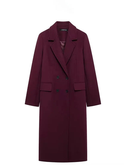 HH Women Fashion Burgundy Coat Double Breasted Long Sleeve Lapel Blends Jacket Autumn Winter High Street Outerwear