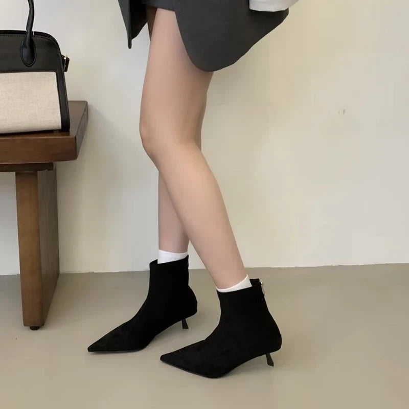 SUOJIALUN 2024 Winter New Brand Women Short Boots Fashion Pointed Toe Ladies Elegant Ankle Boots Thin High Heel Dress Pumps Shoe