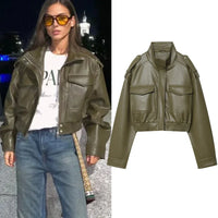 Women's Jacket Faux Leather Jacket Green Women's Demi-Season Jacket Outerwears Women's Autumn New In Coat Windbreaker Streetwear