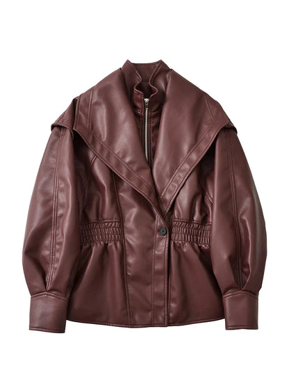 Ailegogo New Spring Autumn Women Vintage Loose Elastic Waist Zipper Black Faux Leather Jacket Outwear