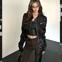 Y2k Bomber Jacket Women Baseball Jersey Jacket Zip Cropped Coat High Waist Spring Autumn Long Sleeve Outerwear Trend Tops Black