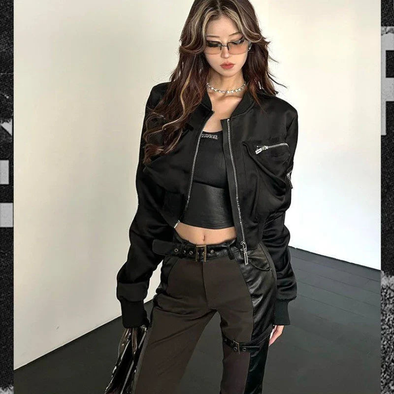 Y2k Bomber Jacket Women Baseball Jersey Jacket Zip Cropped Coat High Waist Spring Autumn Long Sleeve Outerwear Trend Tops Black