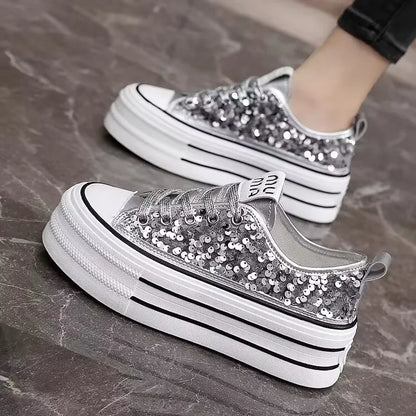 Woman Platform Sneakers Wedge Shoes Female Spring Autumn Sequins Bling Casual Shoes Ladies Thick-soled Canvas Shoes