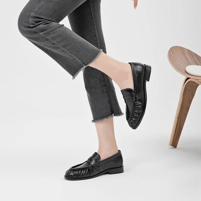 Lady Loafers 2026 Model Handcrafted Retro Pleated Single Shoes for Women, Women's Low-Heeled Leather Suede Shoes