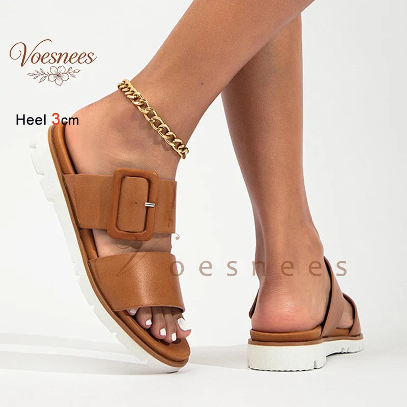 Adjustable Square Buckle Women Slide Sandals Two Strap Platform Slippers Low Heel Soft Sole Summer Open Toe Walking Casual Shoes