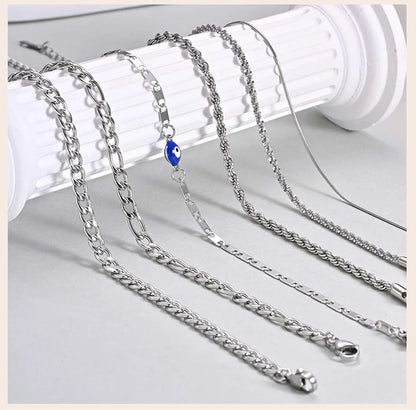 Silver Color Anklet Bracelets for Women Waterproof, Stainless Steel Layered Cuban Chain Herringbone Anklets Summer Beach Gift