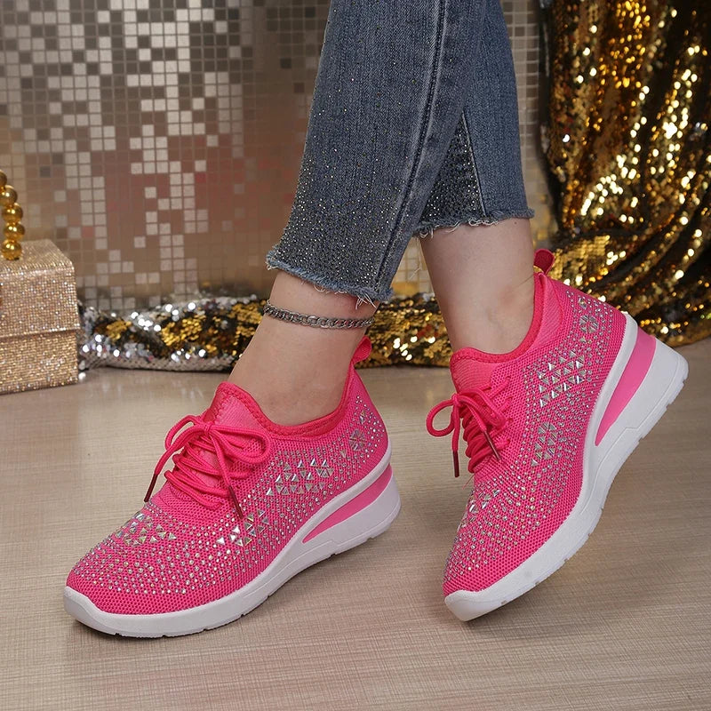 Women's Rhinestone Embellished Knit Mesh Wedge Sneakers, Adjustable Lace-Up Closure, Daily Walking Casual Footwear