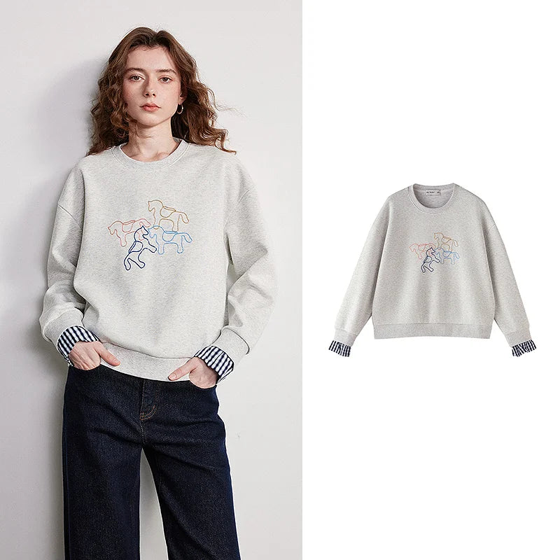 TOYOUTH Women Crewneck Patchwork Plaid Fake Two-Piece Pony Embroidery Loose Sweatshirt 2026 Spring New Tops
