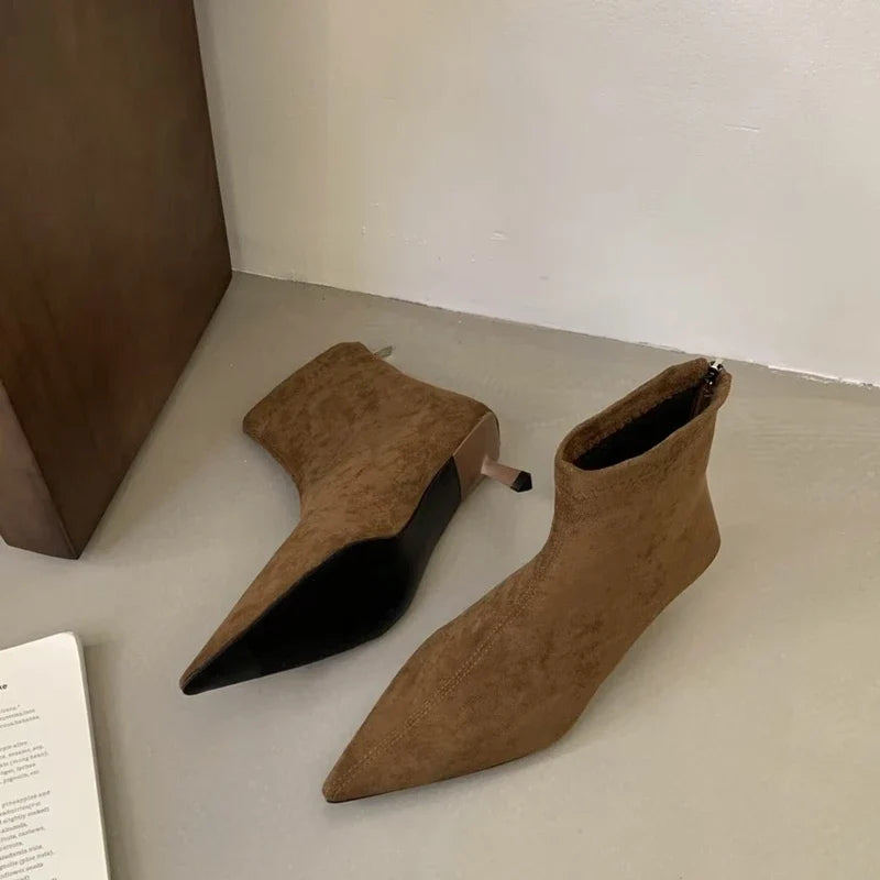 SUOJIALUN 2024 Winter New Brand Women Short Boots Fashion Pointed Toe Ladies Elegant Ankle Boots Thin High Heel Dress Pumps Shoe