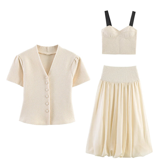 Summer minimalist style V-neck slim fit structured knit short sleeved knitted jacket with suspender short top and half skirt