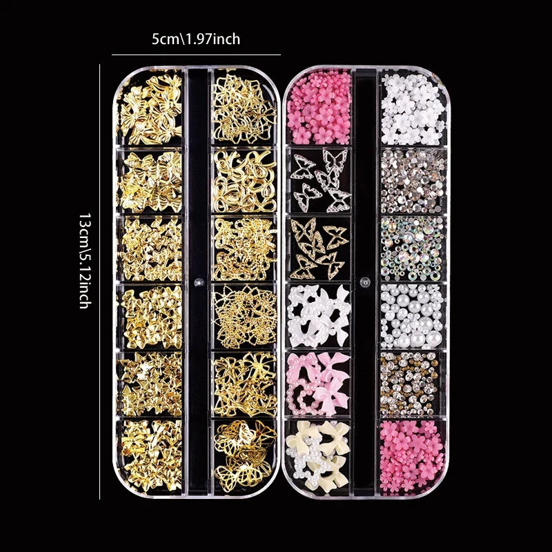 24-Piece 3D Y2K Millennial Nail Art Decoration Set, Assorted Rhinestones, Pearls, Butterfly, Heart & Flower DIY Nail Charms