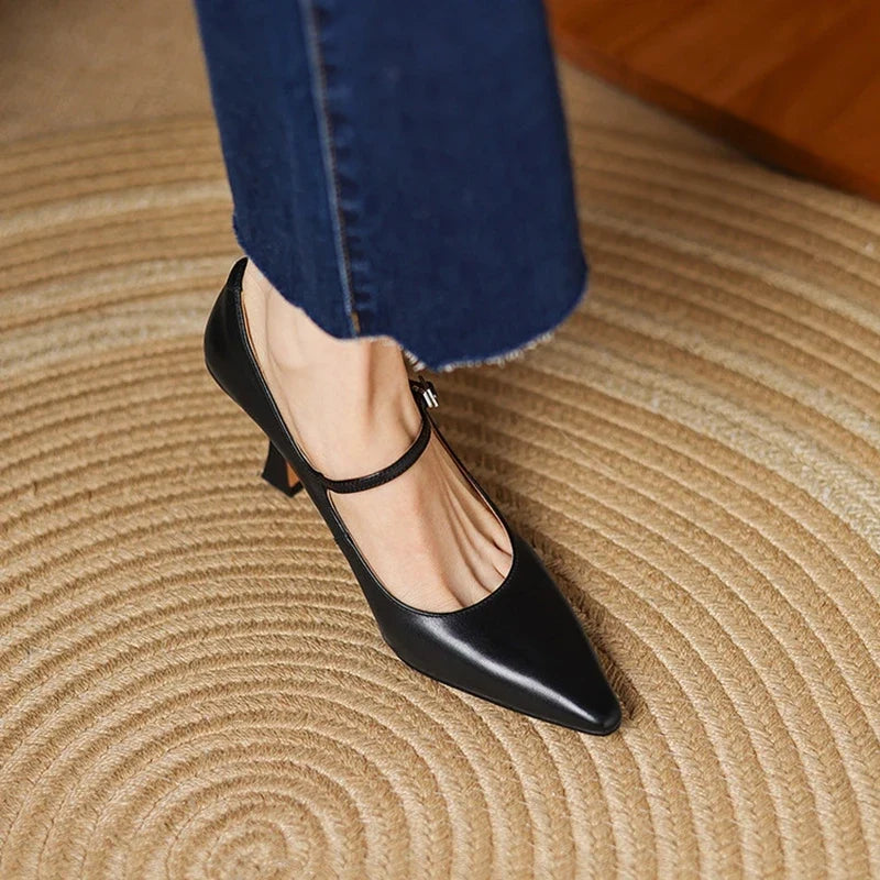 NEW Spring/Autumn Women Pumps Genuine Leather Shoes for Women Pointed Toe Thin Heel Shoes Shallow Buckle Strap Mary Janes Shoes