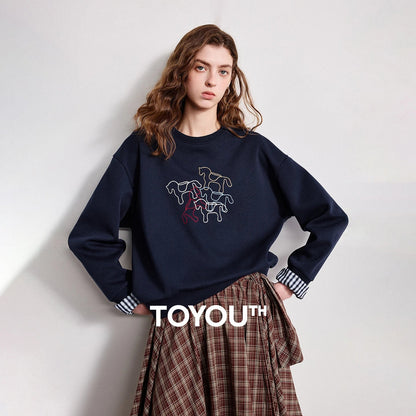 TOYOUTH Women Crewneck Patchwork Plaid Fake Two-Piece Pony Embroidery Loose Sweatshirt 2026 Spring New Tops