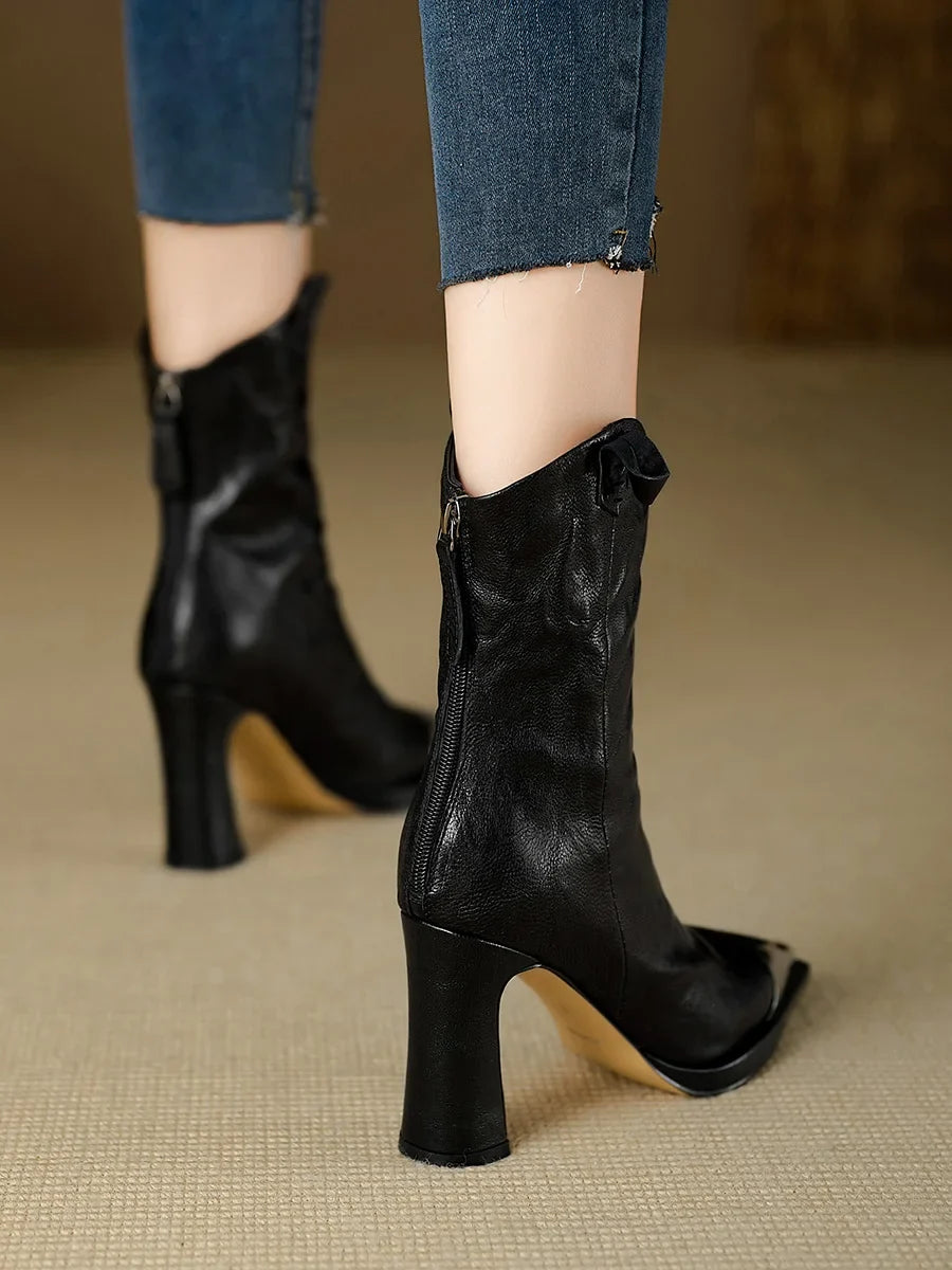 2024 New Metal Square Toe Ankle Boots for Women Fashion Patent Leather Women's Shoes Botas Mujer High Heels Shoes Women Zapatos