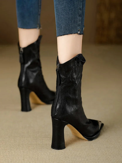 2024 New Metal Square Toe Ankle Boots for Women Fashion Patent Leather Women's Shoes Botas Mujer High Heels Shoes Women Zapatos