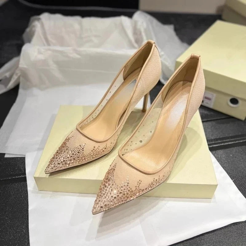 Women's high heels and single shoes for spring and summer  new mesh diamond fashion banquet pointed women's shallow mouth shoes