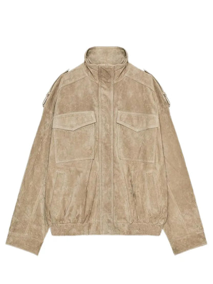 Brown Retro Suede Lapel Zippered Short Jackets Women's Casual Full Sleeves Pocket Loose Coats 2026 Spring Daily Commute Outwear
