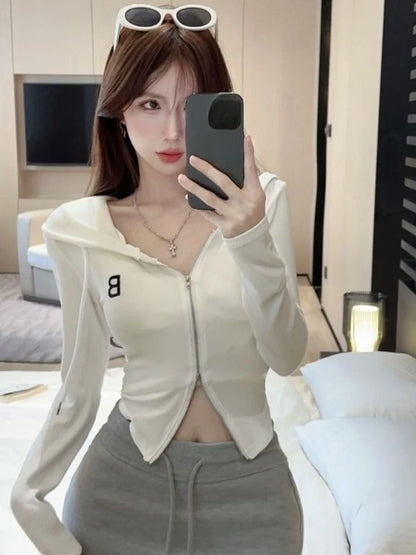 Y2k American Vintage Zip Up Hoodies 2000s Long Sleeve Subculture Hooded Sweatshirt Hot Girl Letter Short Slim Autumn Coat Chic