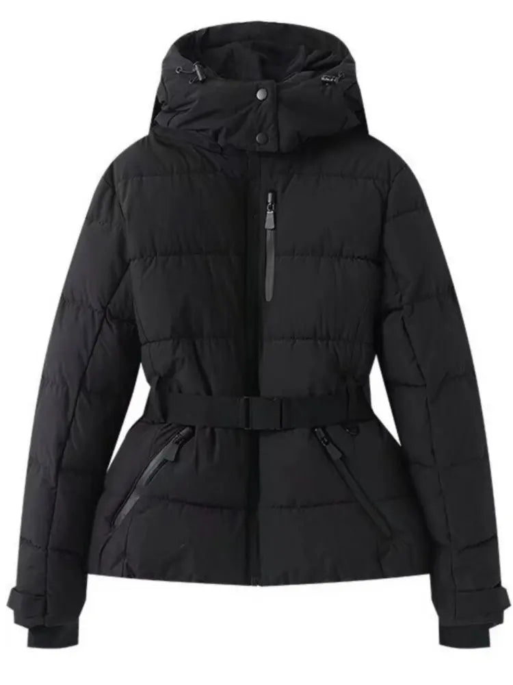 Women's Winter Hooded High Waist Padded Sport Parkas Coats with Belt Female Elegant Thick Warm Pockets Windproof Skiing Jackets