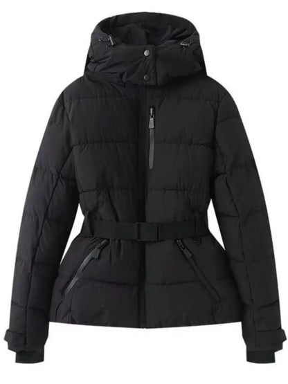 Women's Winter Hooded High Waist Padded Sport Parkas Coats with Belt Female Elegant Thick Warm Pockets Windproof Skiing Jackets