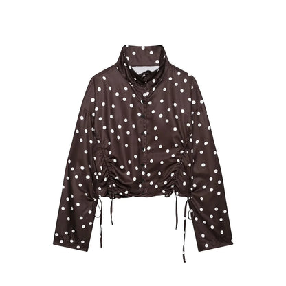 Women's Polka Dots Jacket with Tie New 2026 Spring Long Sleeve High Collar Loose Women Versatile Short Coats Chic Female Jackets