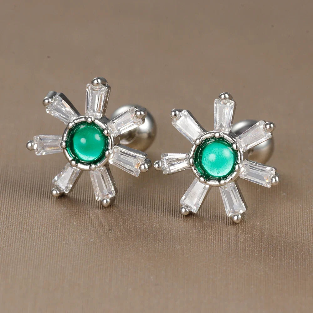 2PC Stainless Steel Little Stud Earring for Women Tiny Green Crystal Zirconia Cartilage Helix Tragus Piercing Earrings Jewelry