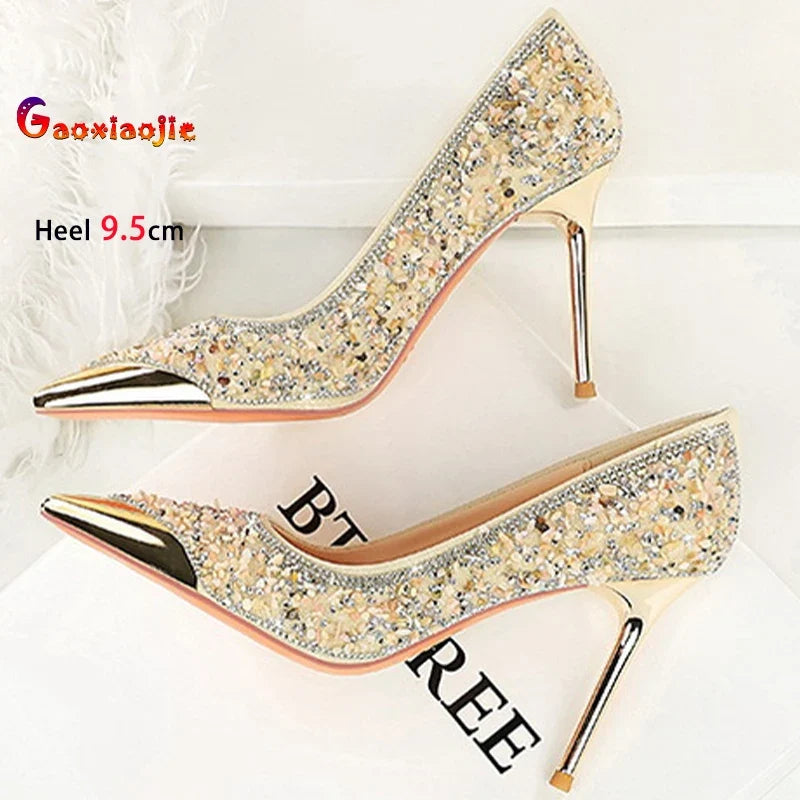 Shiny Crystal Apricot High Heels 9.5cm Women's Shoes Thin Heels Metal Pointed Ladies Pumps Shallow Slip On Stiletto Party Shoes