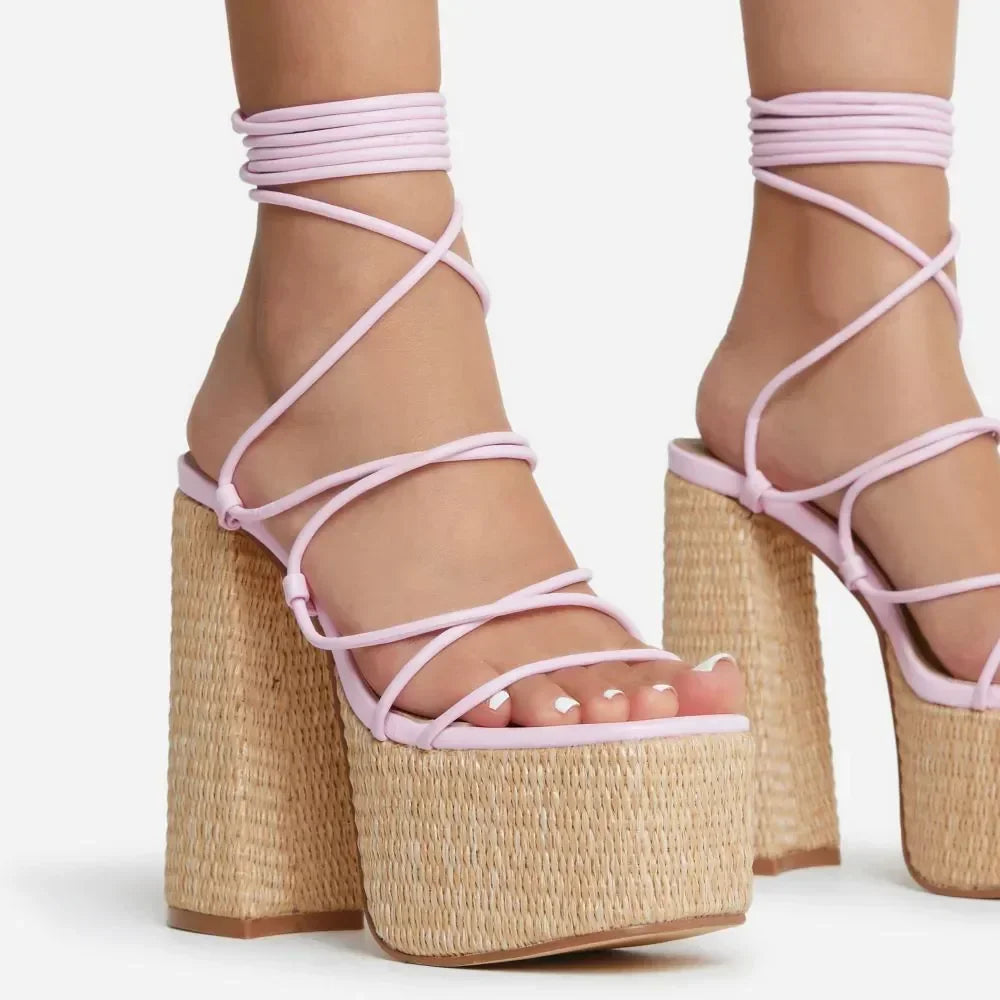 Woven Platform Lace Up Strappy Sandals Block Heel Open Toe Solid Color Sexy Roman Style Women Shoes Summer 2026 New Arrivals