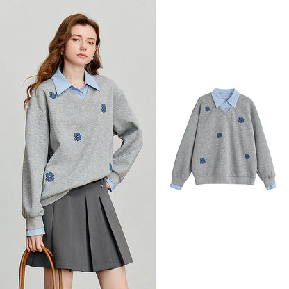 TOYOUTH Women Sweatshirt 2025 Autumn New Denim Flower Embroidery Fake Two Piece Splicing Turn Down Collar Cotton Casual Pullover