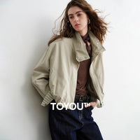 TOYOUTH Women Slub Cotton Jackets 2026 Spring New Cropped Tulip Silhouette Striped Cuff - Turn Up Stand Collar Tops