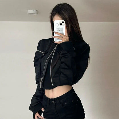 Y2k Bomber Jacket Women Baseball Jersey Jacket Zip Cropped Coat High Waist Spring Autumn Long Sleeve Outerwear Trend Tops Black