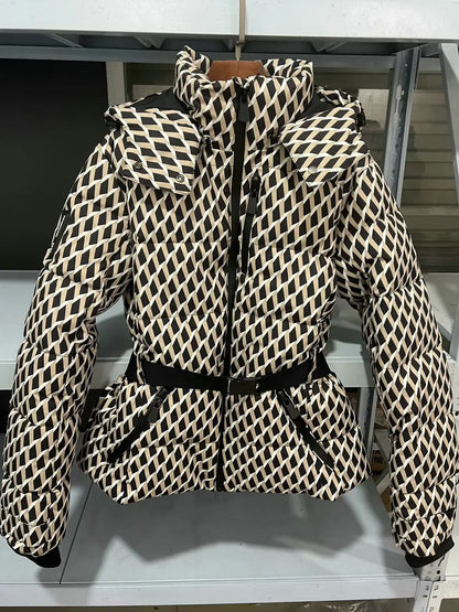 Women's Winter Hooded High Waist Padded Sport Parkas Coats with Belt Female Elegant Thick Warm Pockets Windproof Skiing Jackets