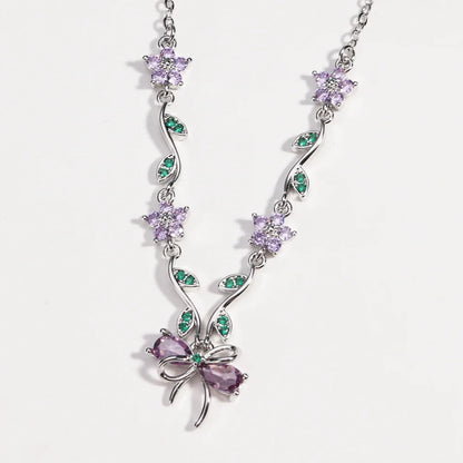 Summer New Fashion Exquisite Bow Leaf Flower Necklace For Women's Elegant Pink Zircon Chain Pendant Jewelry Gifts