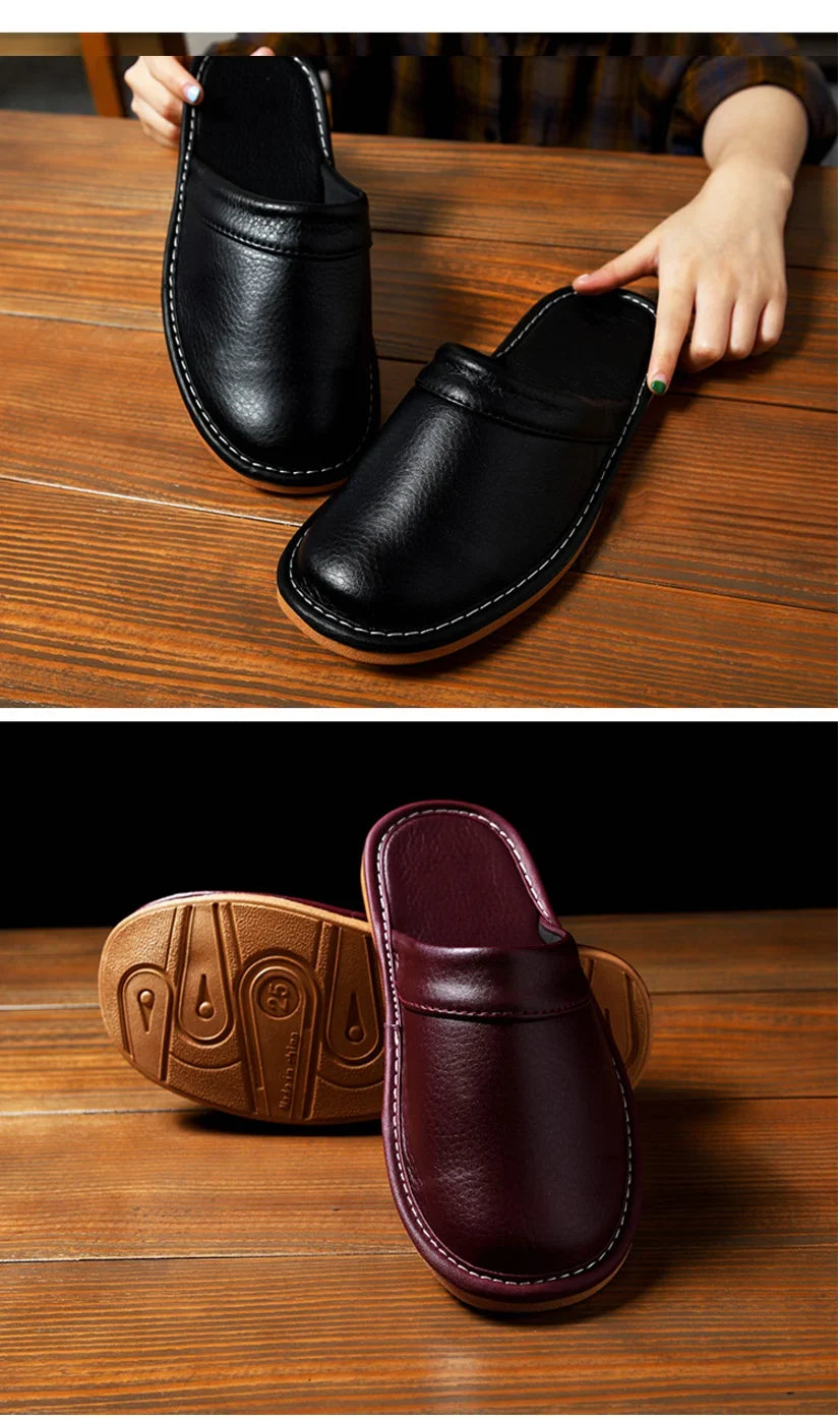 Luxury Men Leather Handmade Women Home Slippers Autumn Winter Plush Slip on Soft Black Brown Bedroom Indoor Flat Men Shoes