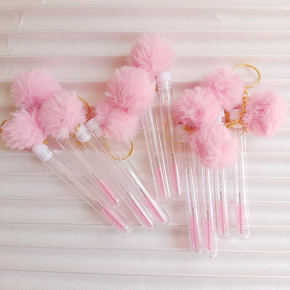10pcs Eyelash Eyebrow Brush With Hairball Keychain Mascara Wand Reusable Lash Extension Clear Micro Comb Container Makeup Tool