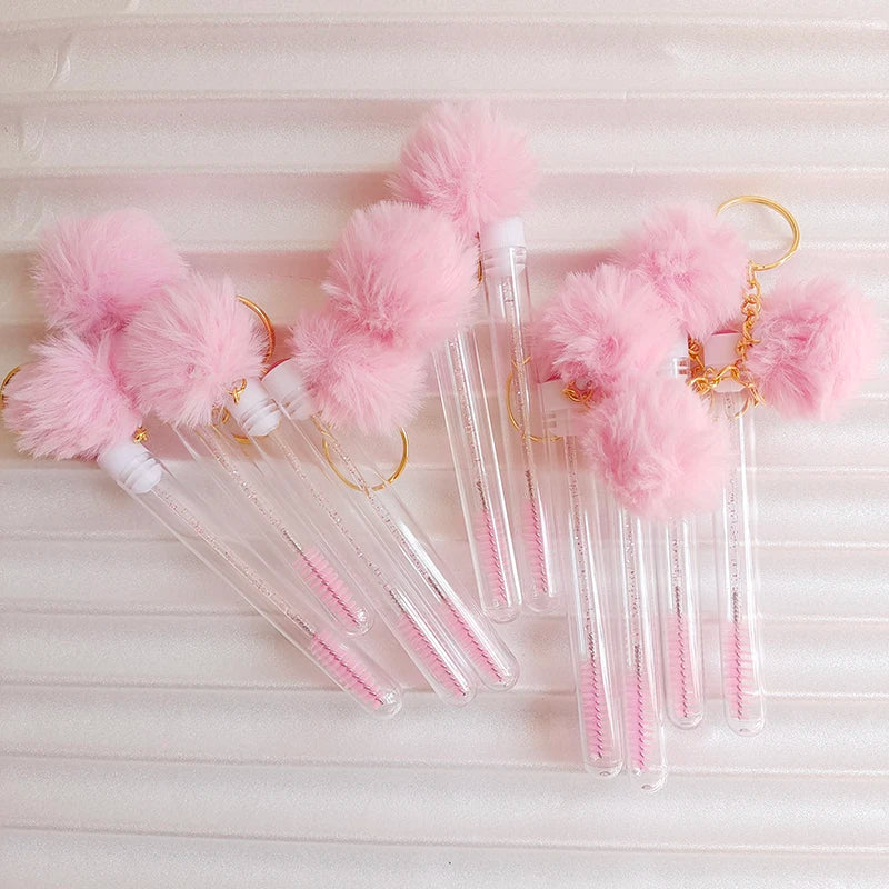 10pcs Eyelash Eyebrow Brush With Hairball Keychain Mascara Wand Reusable Lash Extension Clear Micro Comb Container Makeup Tool