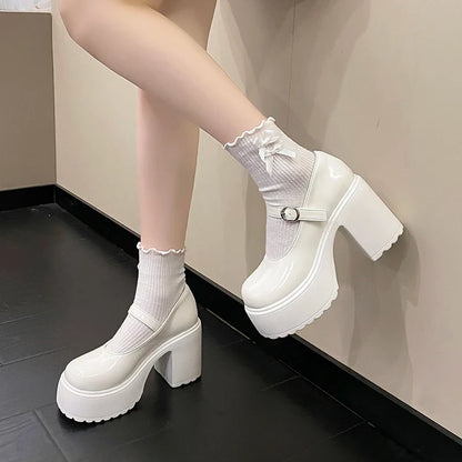Black Super High Heels Mary Jane Shoes Women 2026 Goth Chunky Platform Pumps Woman Plus Size Ankle Buckle Party Lolita Shoes 42