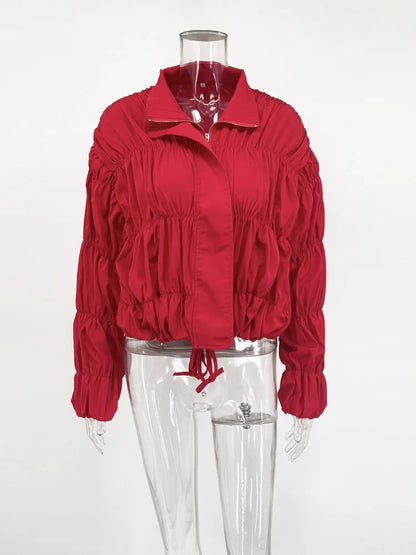 Tossy Solid Commuting Pleated Jackets For Women Long Sleeves Stand Collar Loose Streetwear Cropped 2025 Coat Female Jacket Coat