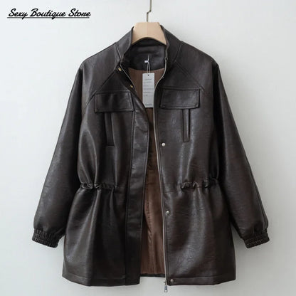 Autumn Winter Pu Leather Jacket For Women Solid Full Sleeve Elastic Adjustable Waist Coat 2025 New Lady Fashion Casual Outwears