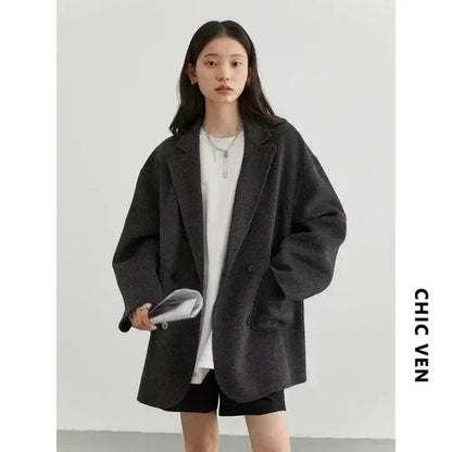 CHIC VEN Women's Woolen Coats Fashion Solid Loose Warm Jackets Korean Casual Office Lady Female Clothing Spring Autumn New 2026