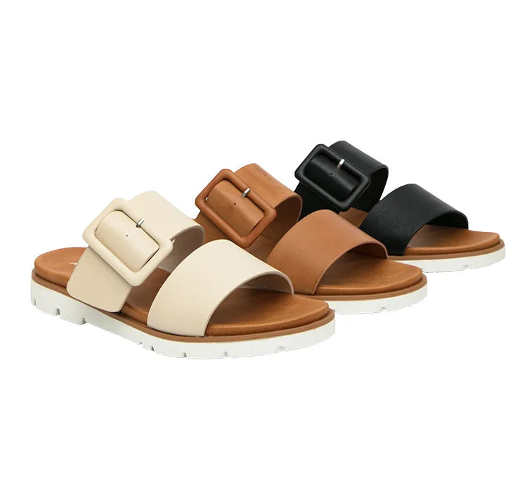 Adjustable Square Buckle Women Slide Sandals Two Strap Platform Slippers Low Heel Soft Sole Summer Open Toe Walking Casual Shoes