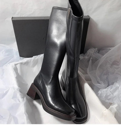 Vintage Thick Heel Women Knee High Boots Fashion Side Zippers Shoes Autumn Winter Ladies Concise Long Botas De Mujer