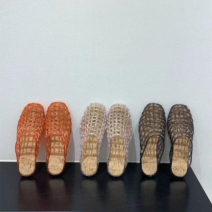 Round Toe PVC Crystal Slippers Non-Slip Soft Fishing Net Jelly Sandals Flat Low Bottom Transparent DIY Shoes Charms Shoes