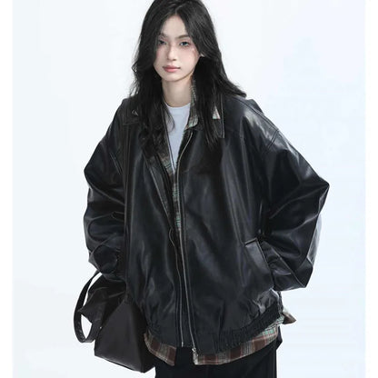 Retro Ladies Fashion Zipper Faux Leather Jacket Spring Autumn Women Long Sleeves Leather Coat 2025 Female PU Leather Outwear