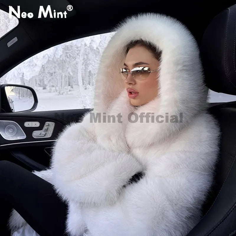 Neo Mint Winter 2025 Pure White Mountain Fashion Hooded Cropped Faux Fur Coat Women Fluffy Eco Fox Fur Jacket Girls Hot Overcoat