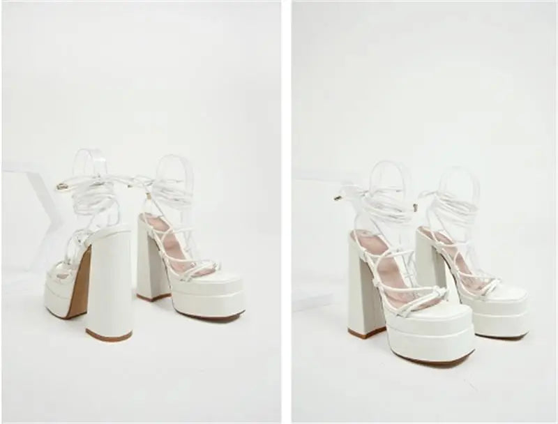 FF2025 New Fashion Solid Colored Cross-tied Heels Supper High Platform Dressing Sandals Peep-toe Square Heel Summer Footwear